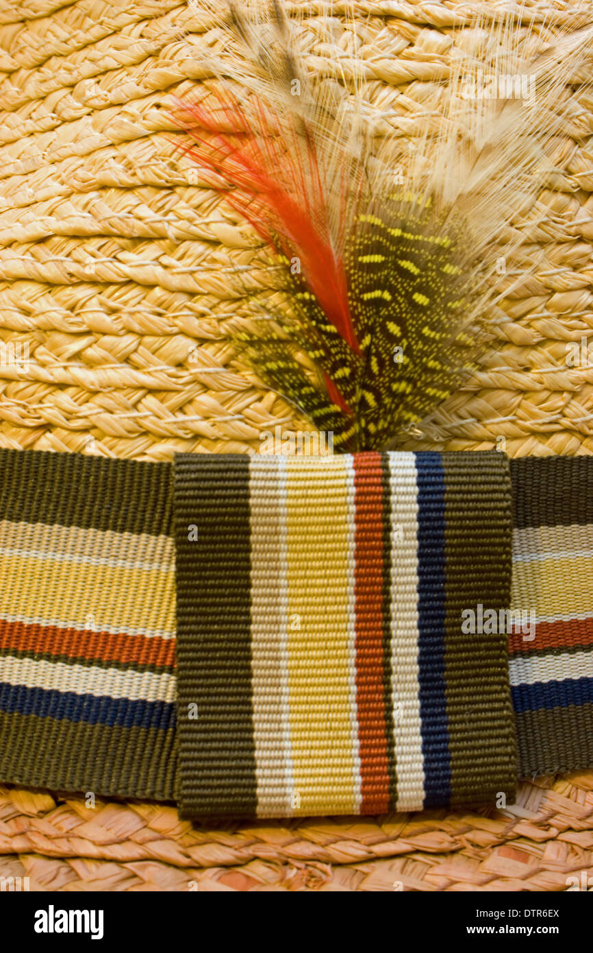 Cappello di paglia con le piume e colorata hat band. Foto Stock