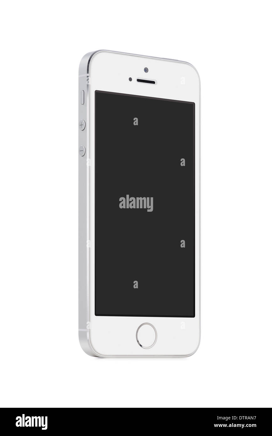 Dal basso verso l'alto vista ruotato ad un leggero angolo bianco moderno mobile smart phone con schermo vuoto isolato su sfondo bianco. Foto Stock Dal basso verso l'alto vista ruotato ad un leggero angolo bianco moderno mobile smart phone con schermo vuoto isolato su sfondo bianco. Foto Stock