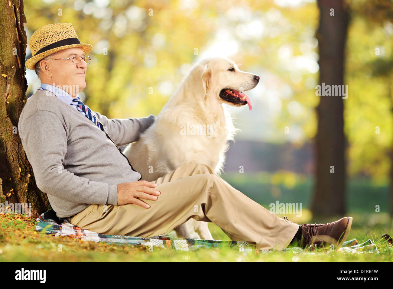 Senior gentleman e il suo cane seduto a terra in un parco Foto Stock