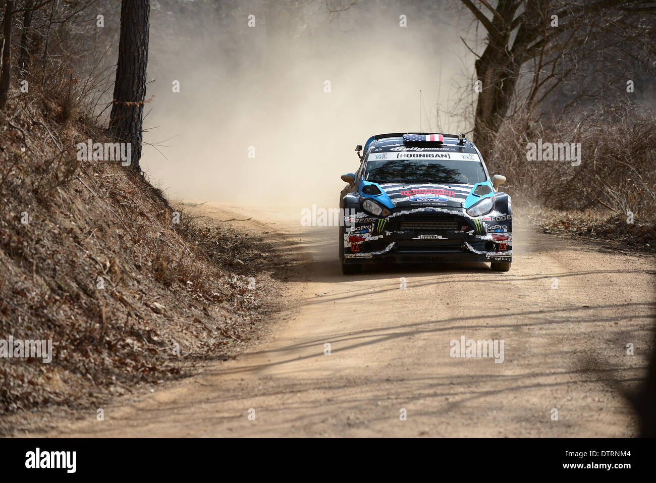 Salem, Missouri, Stati Uniti d'America. Il 22 febbraio 2014. Ken Block durante una gara di concorrenza, Rally America in Salem, Missouri USA, Feb 22 201 Credito: Carlos Pemium di immagini / Alamy Live News Foto Stock