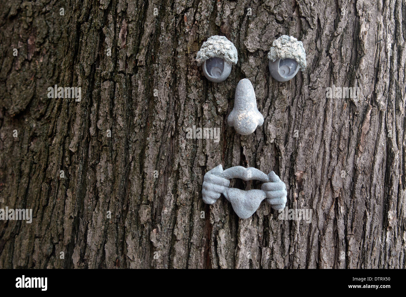 Faccia albero sul carrello con gli occhi, il naso e la bocca che ha le mani tirando a lato e una linguetta sporgente. Foto Stock