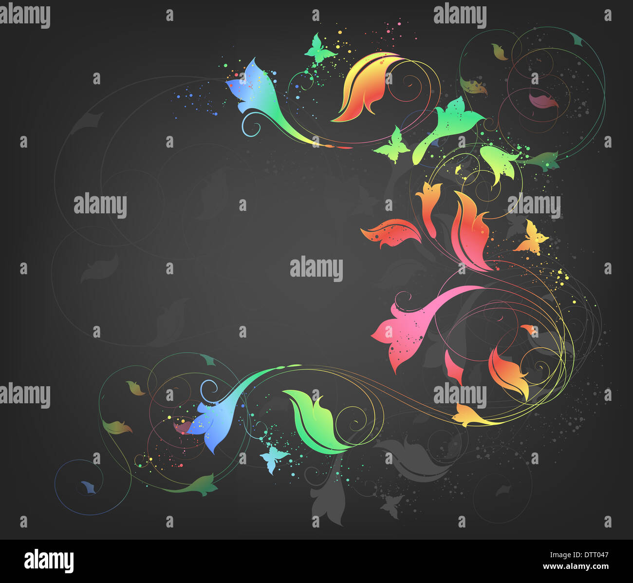 Sfondo grigio con farfalle e ornati floreali Foto Stock