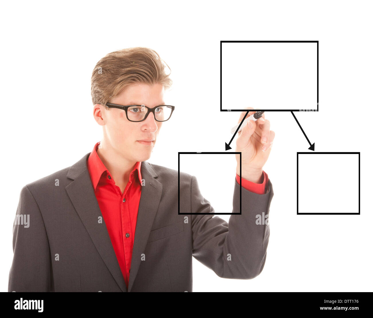 Giovane studente di scrivere un grafico isolato su sfondo bianco Foto Stock