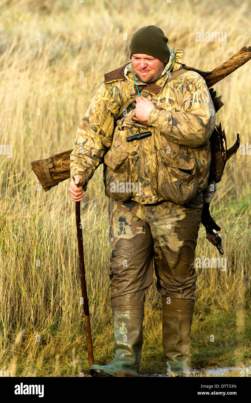 Wildfowler camminando su di palude salata con il cane e un enorme canada goose sulla sua spalla. 1 di 5 immagini prese. Foto Stock