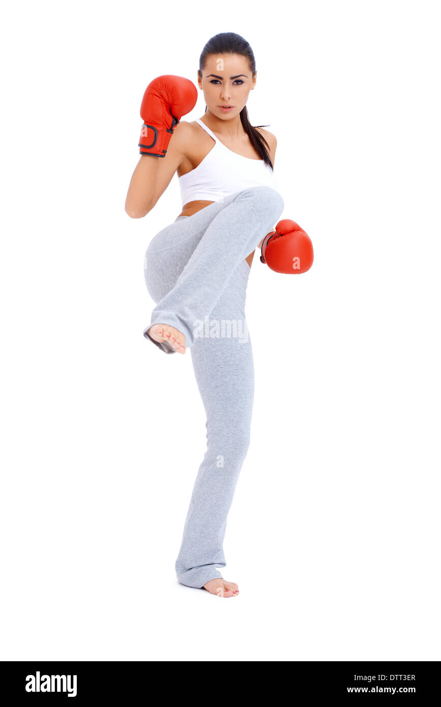 Corpo pieno colpo di calcio femminile boxer Foto Stock