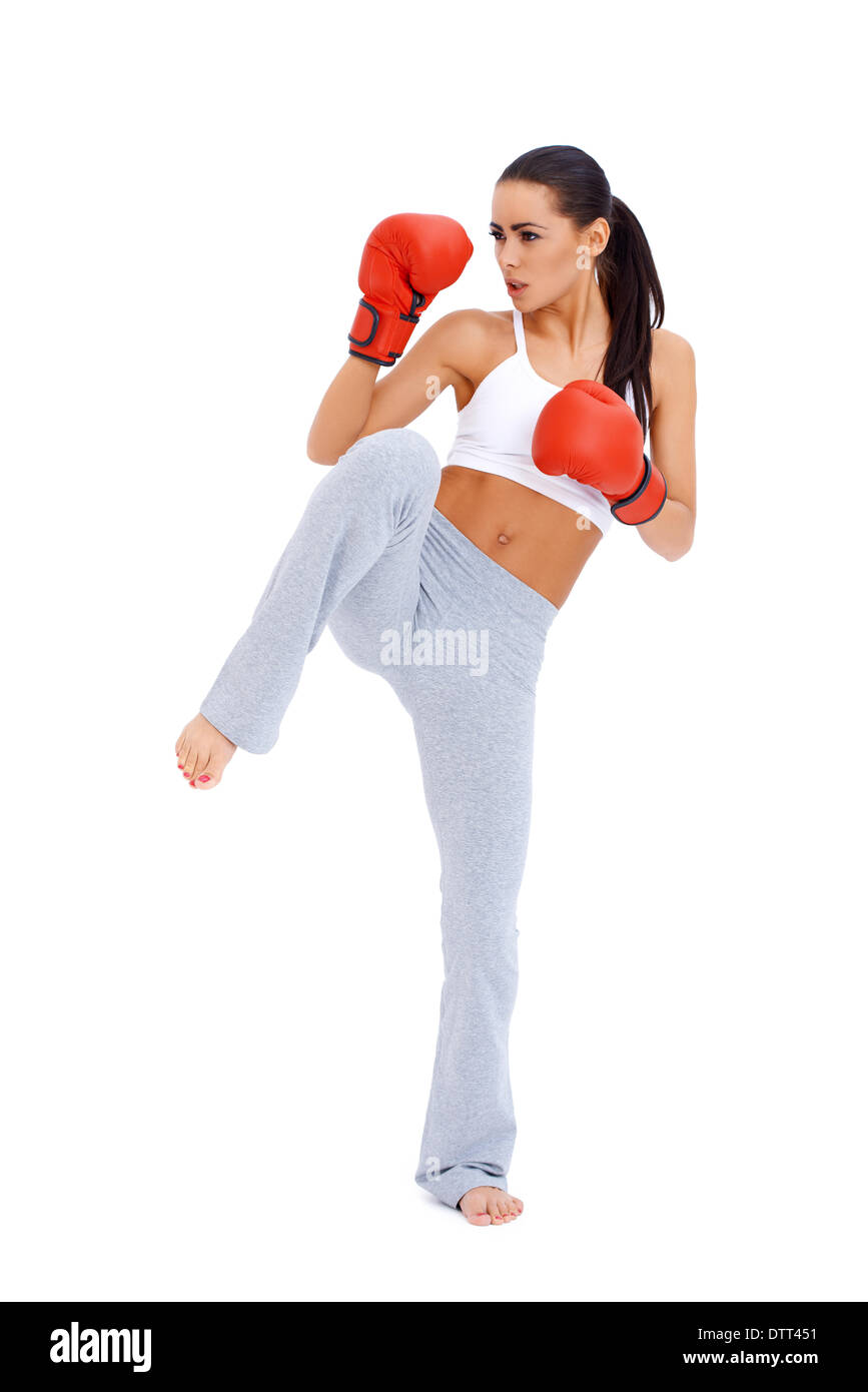 Corpo pieno colpo di calcio femminile boxer Foto Stock