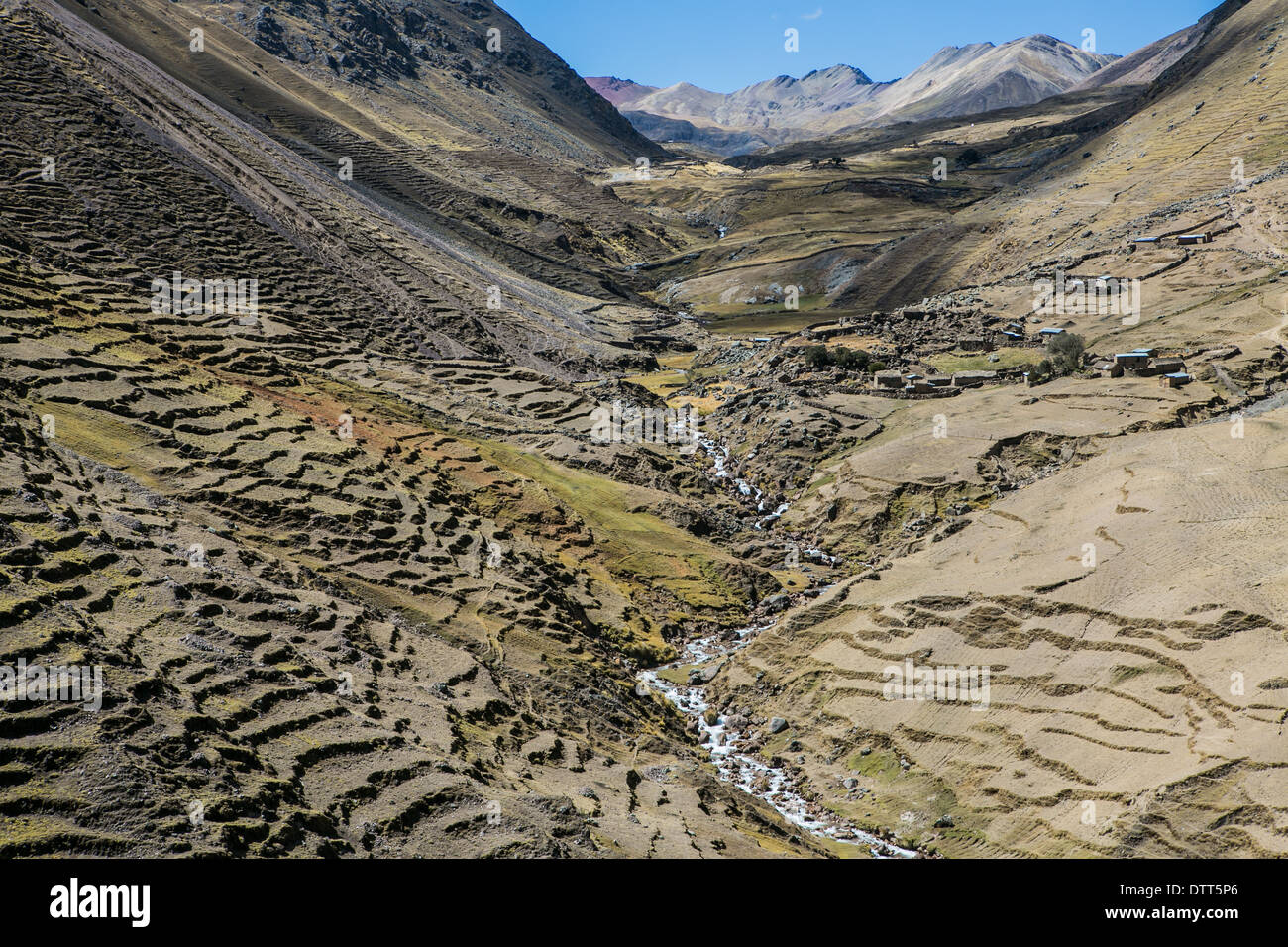 Paesaggio delle highlands in Perù con il fiume che scorre in mezzo terrazze , Agricoltura , i campi di patate, chilihuani Foto Stock