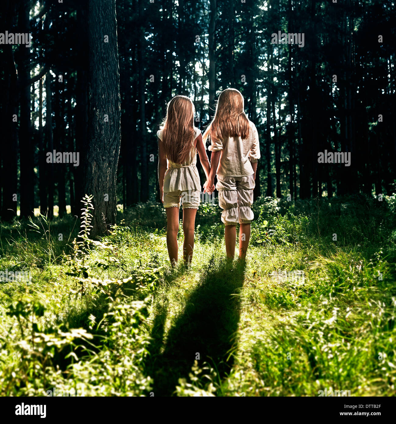 Ragazze caucasica tenendo le mani nella foresta Foto Stock