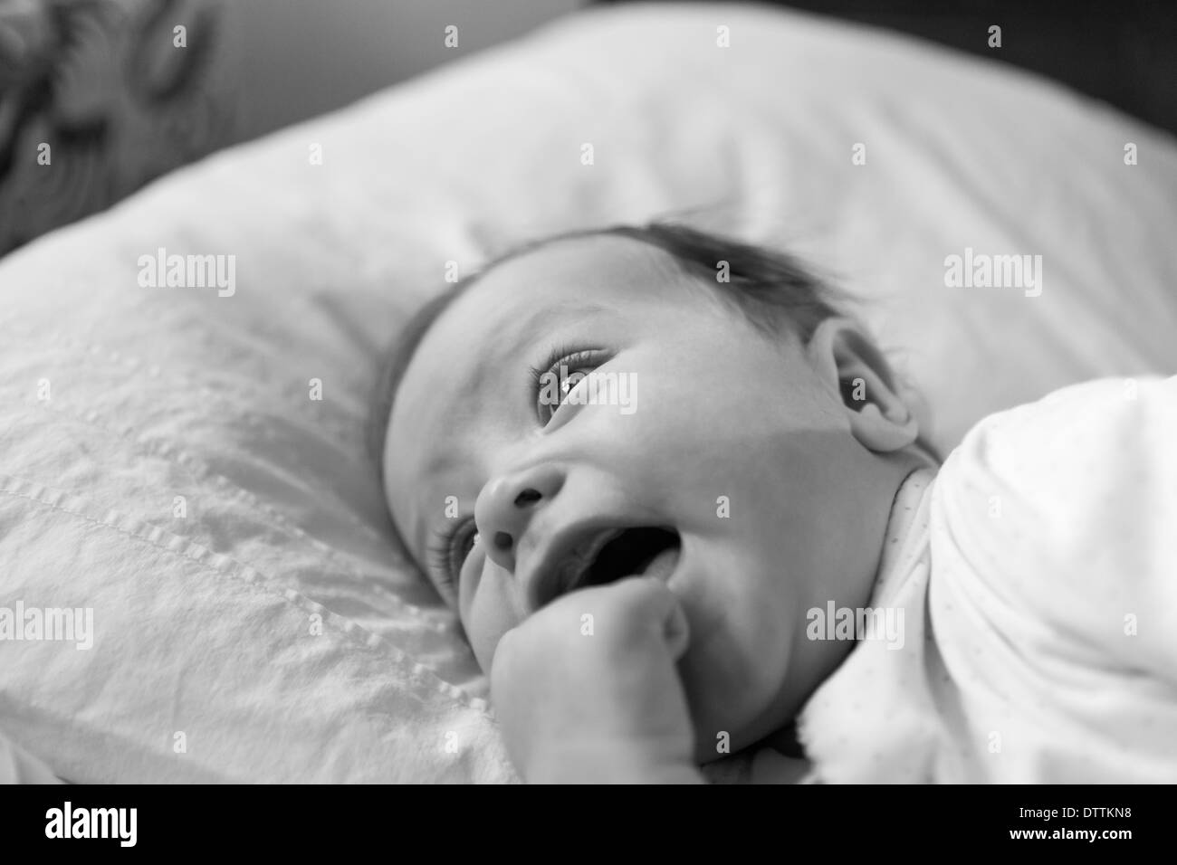Caucasian baby boy posa su una coperta Foto Stock