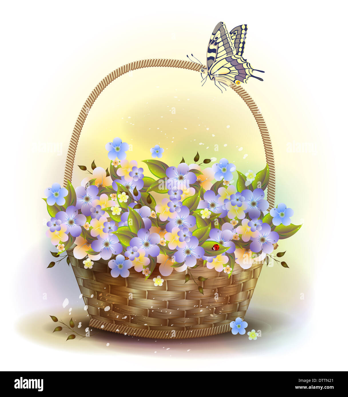 Cesto in Vimini con violette. In stile vittoriano. Foto Stock