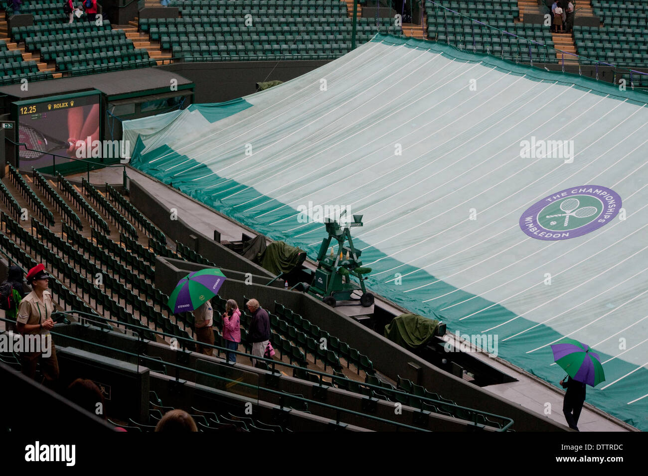 Wimbledon Tennis Championship corte coperta , groundsman ombrelloni e la telecamera sotto la pioggia Foto Stock