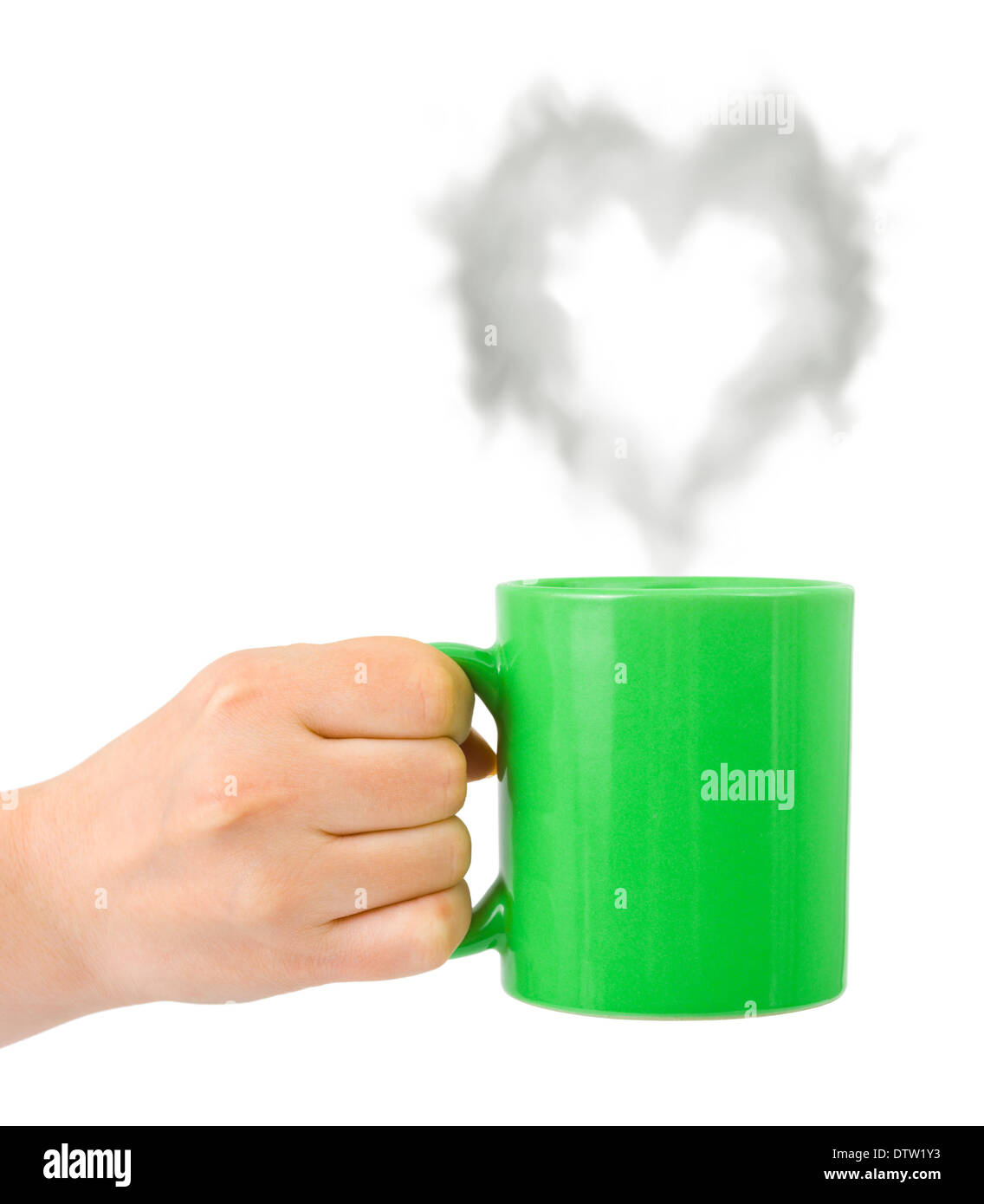 Mano con cup e il vapore come un cuore Foto Stock