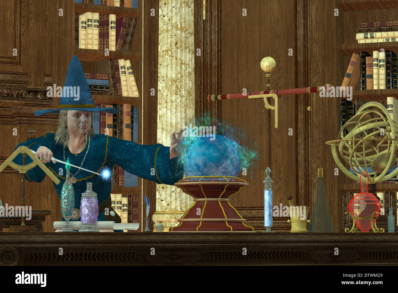 Un mago lancia un incantesimo con la sua bacchetta magica e la sfera di cristallo nella sua biblioteca e laboratorio. Foto Stock