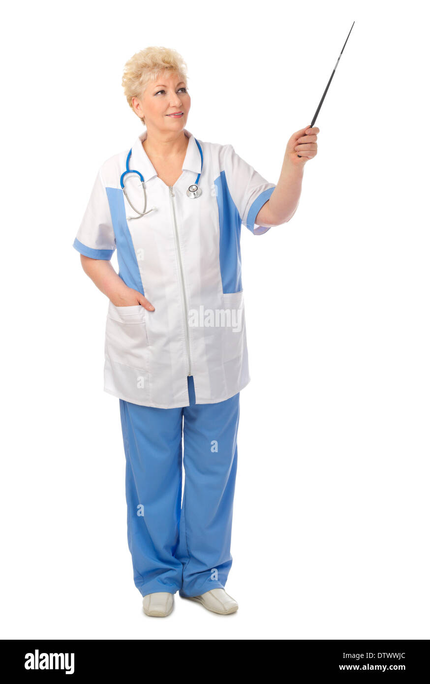 Medico maturo con puntatore isolato Foto Stock