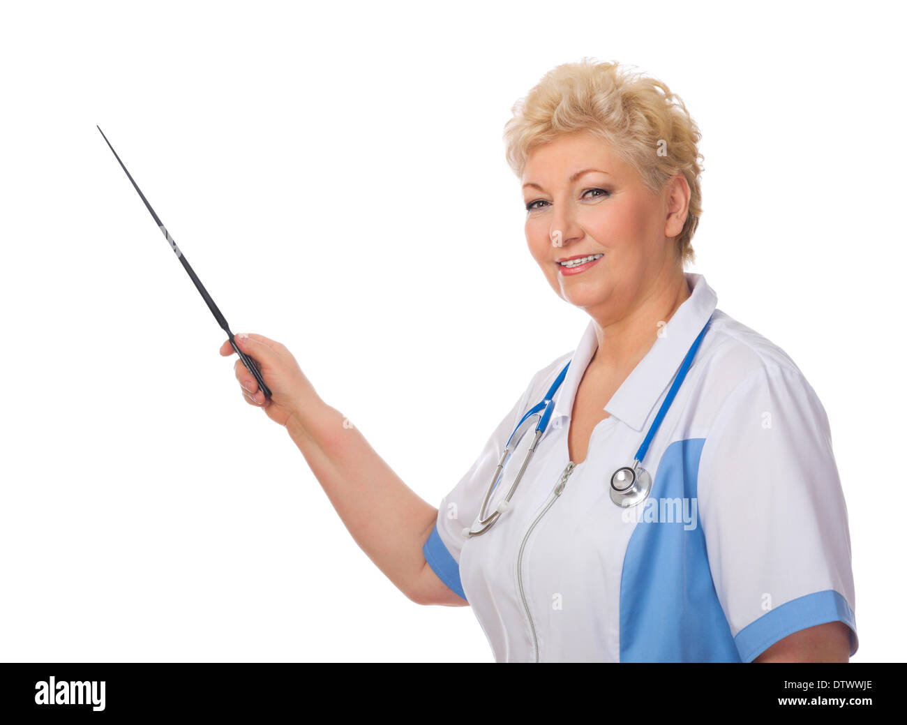 Medico maturo con puntatore stick isolato Foto Stock