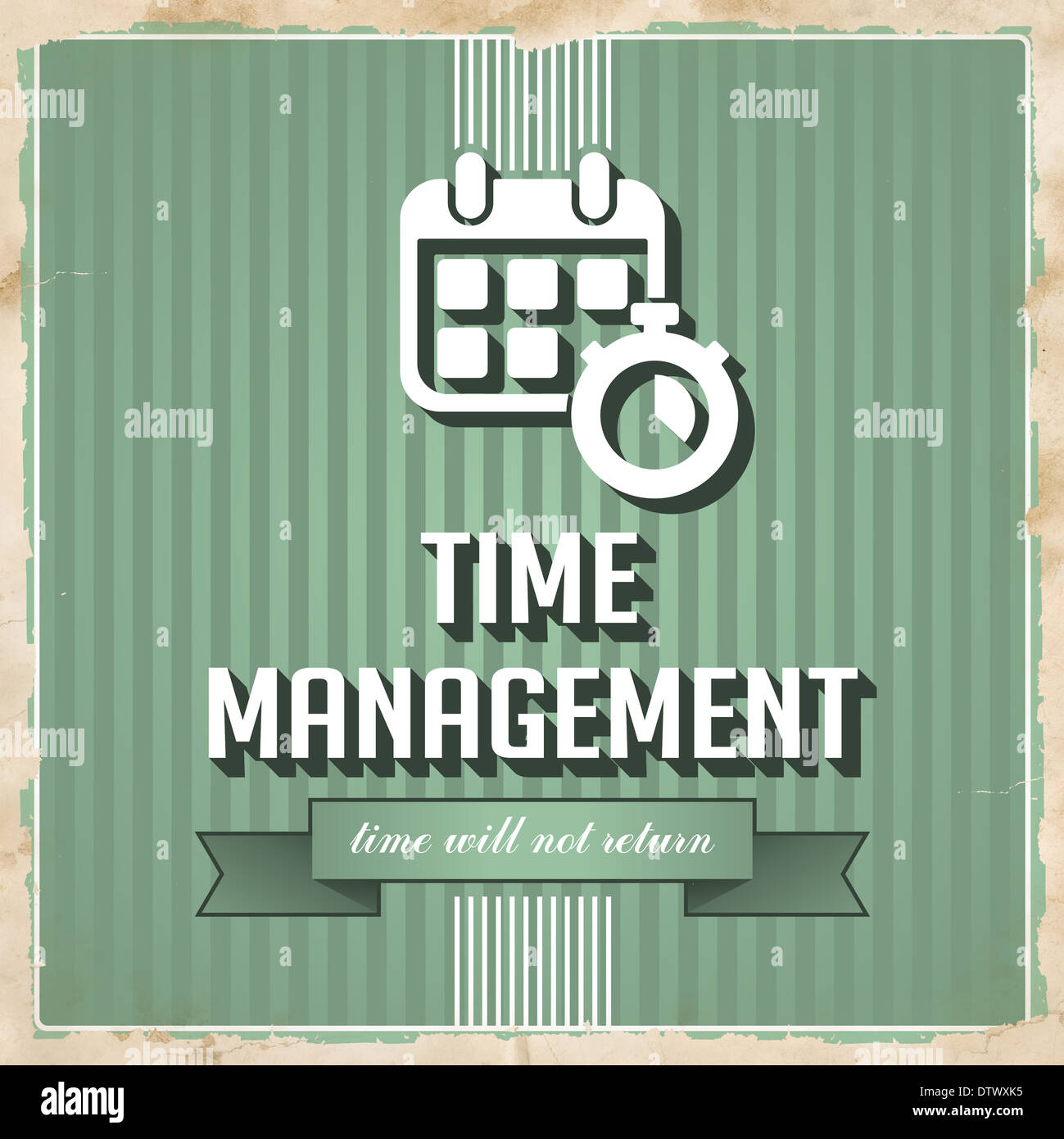 Gestione del tempo sul verde sfondo striato. Concetto di vintage in design piatto. Foto Stock