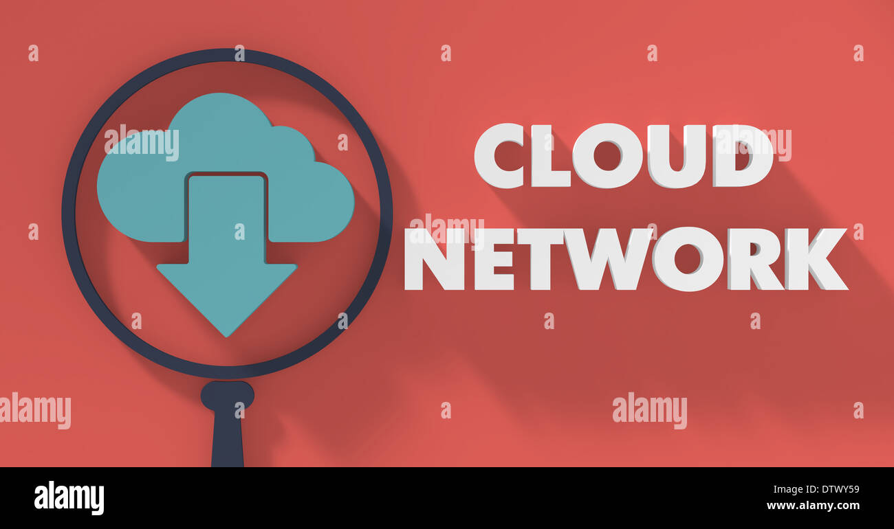Il Cloud un concetto di rete con lente di ingrandimento nel design piatto con lunghe ombre. Foto Stock