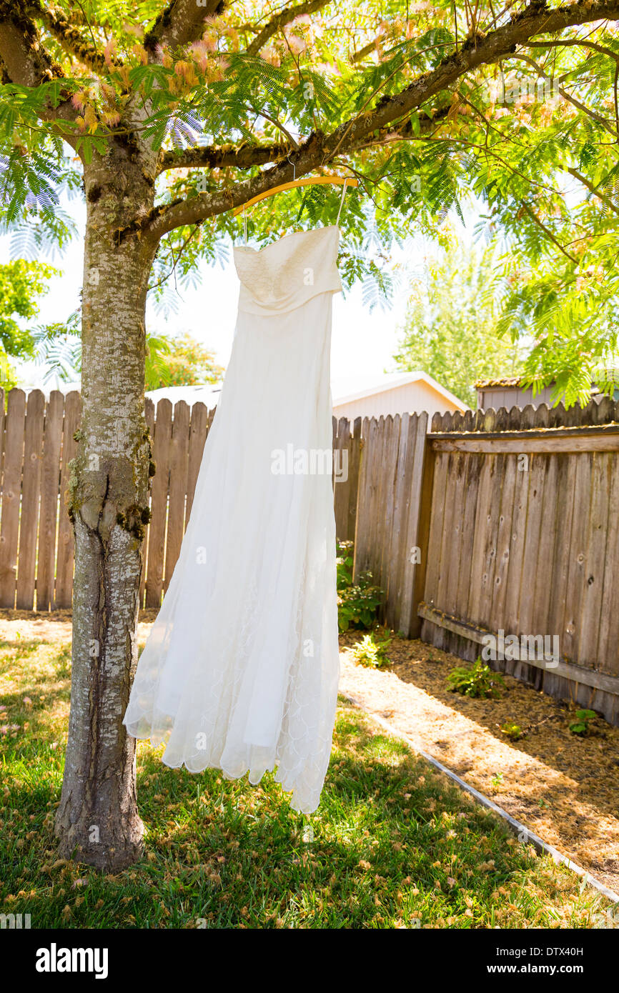 Bianco fatti a mano abito da sposa appeso a un albero all'aperto su un giorno d'estate. Foto Stock