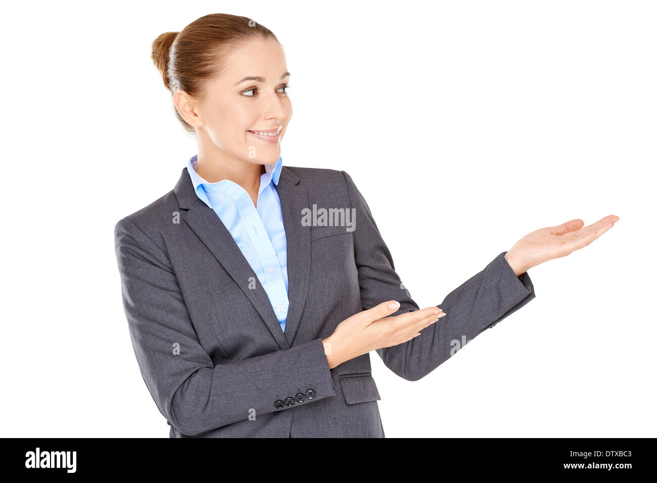 La donna rivolta verso il lato con le mani Foto Stock