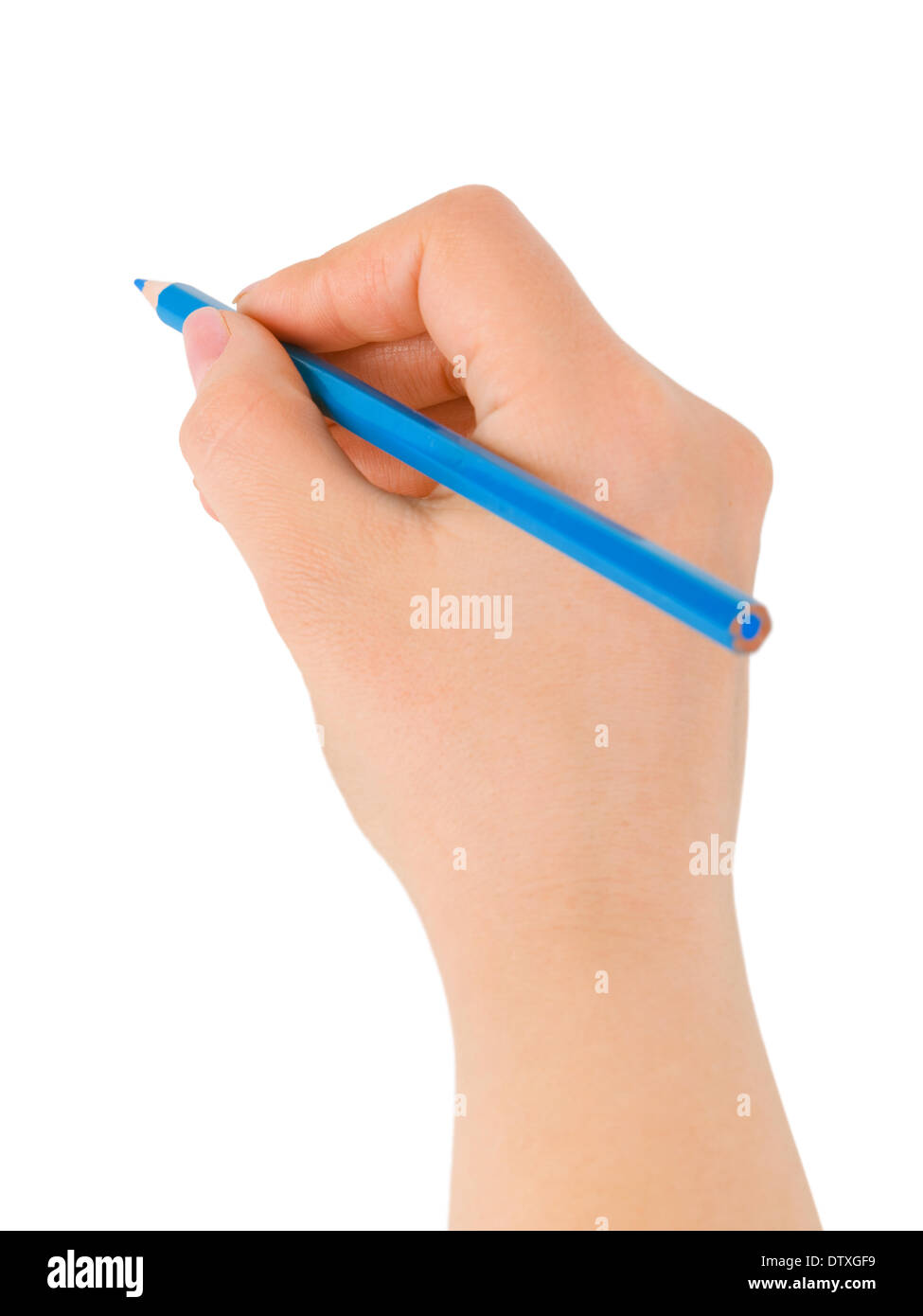 Matita blu in mano Foto Stock