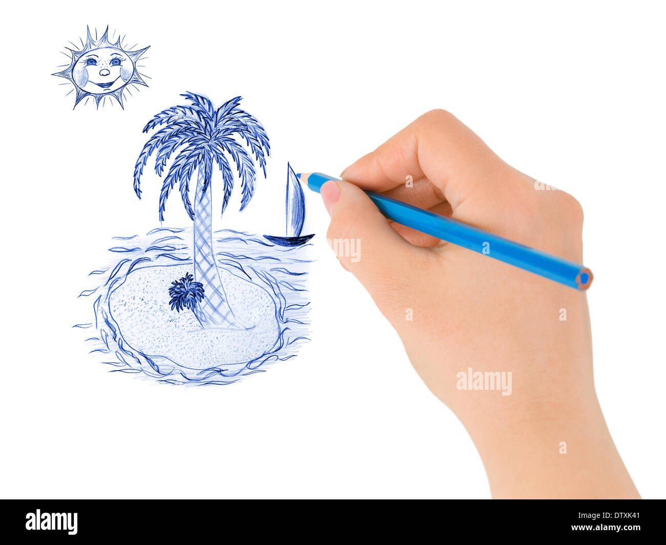Disegno a mano isola tropicale Foto Stock