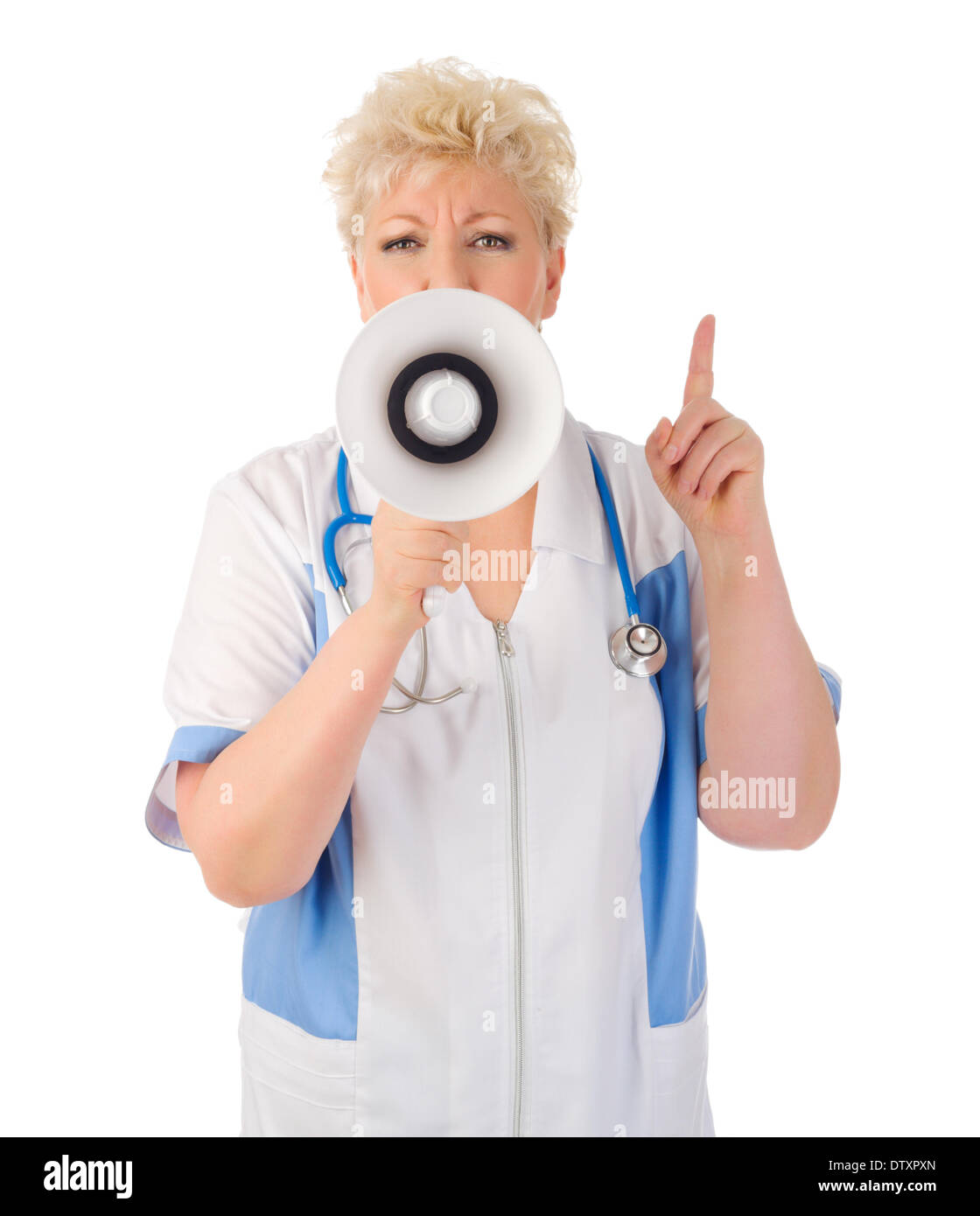 Coppia medico con megafono isolato Foto Stock