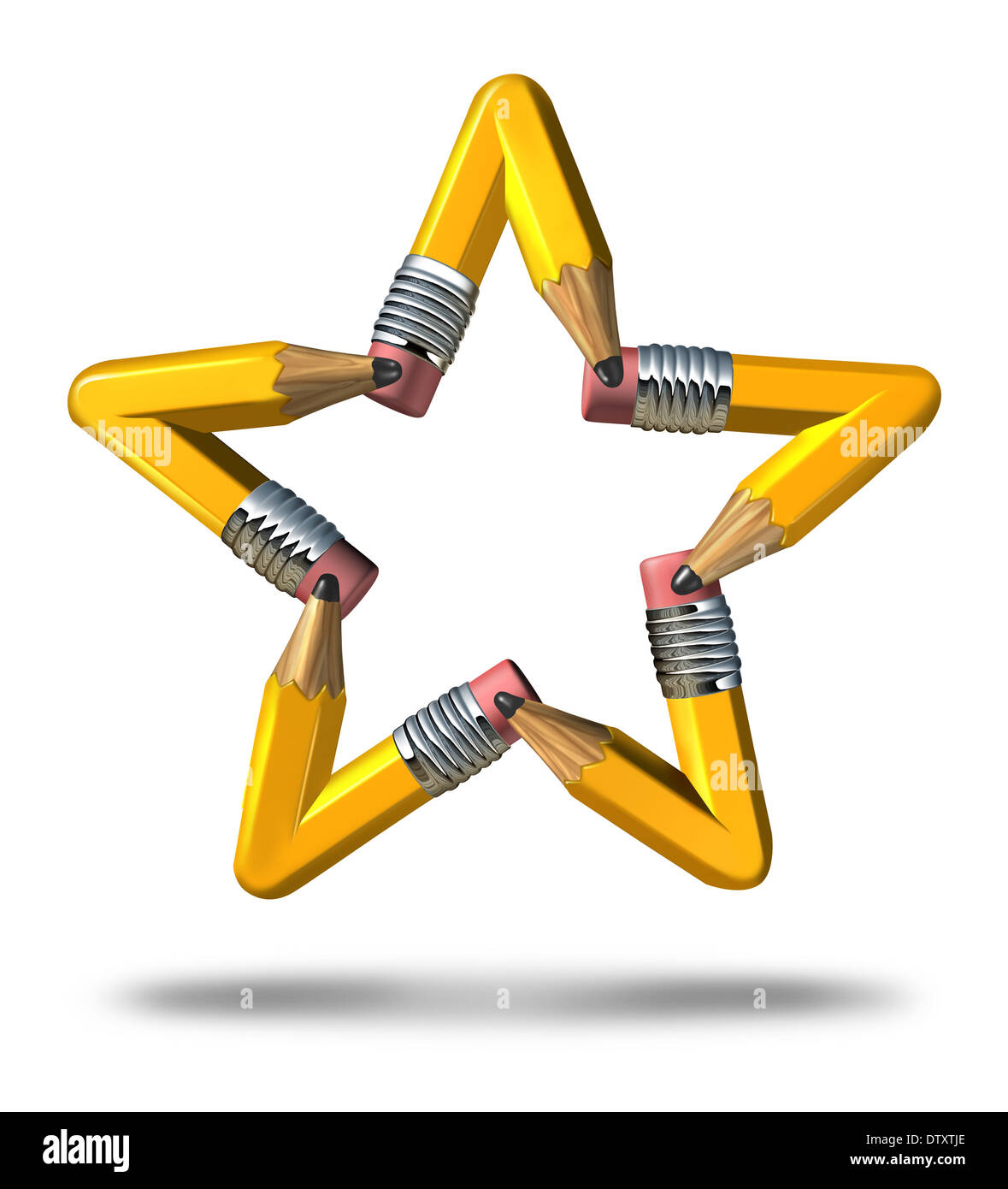 Creative stella simbolo come un gruppo di matite di colore giallo proveniente insieme come una squadra per formare un icona che rappresenta l'innovazione talento stelle Foto Stock