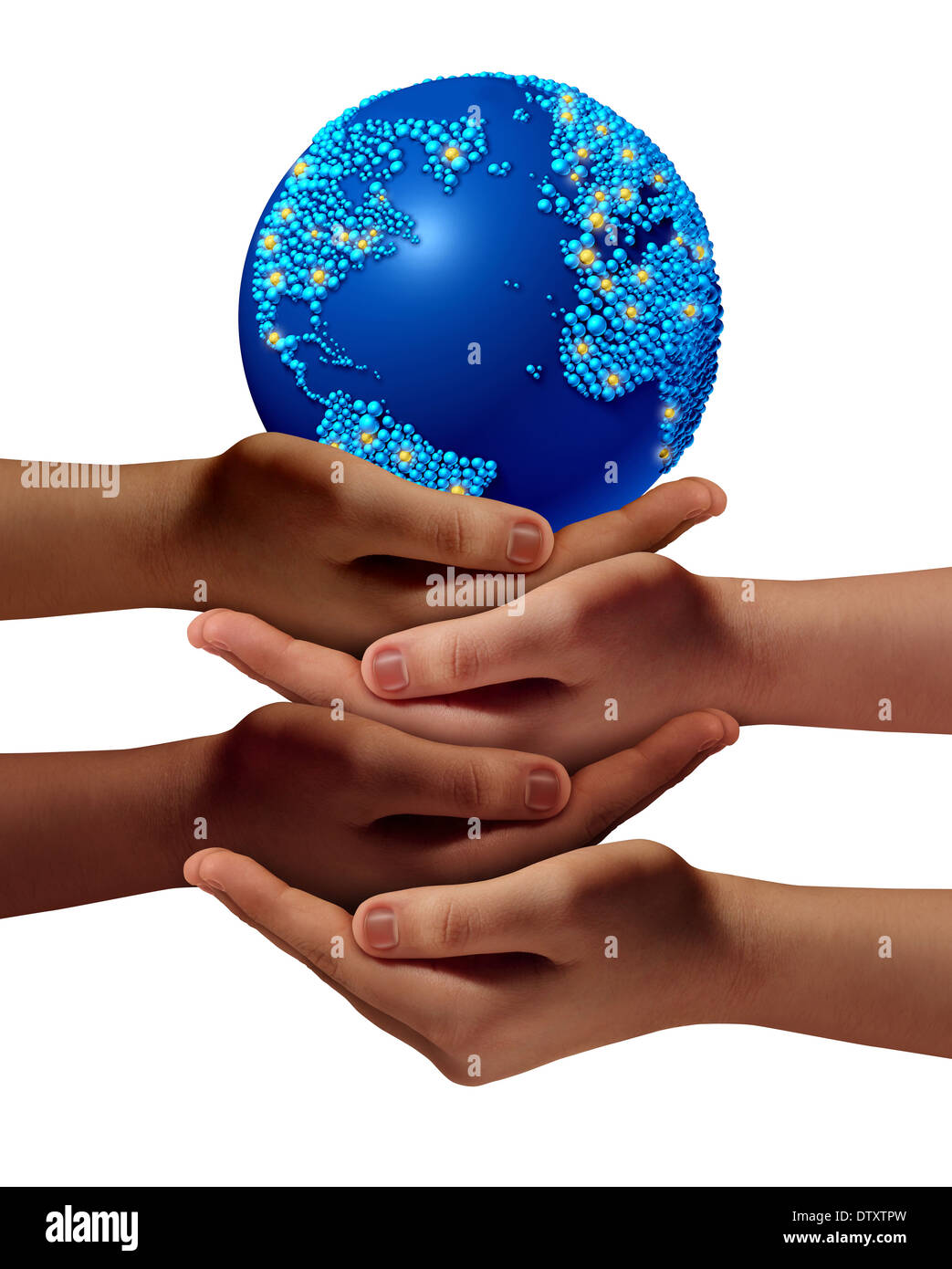 L'istruzione globale comunità come figli di apprendimento e di sviluppo concetto con un gruppo di mani che rappresentano i gruppi etnici di youn Foto Stock
