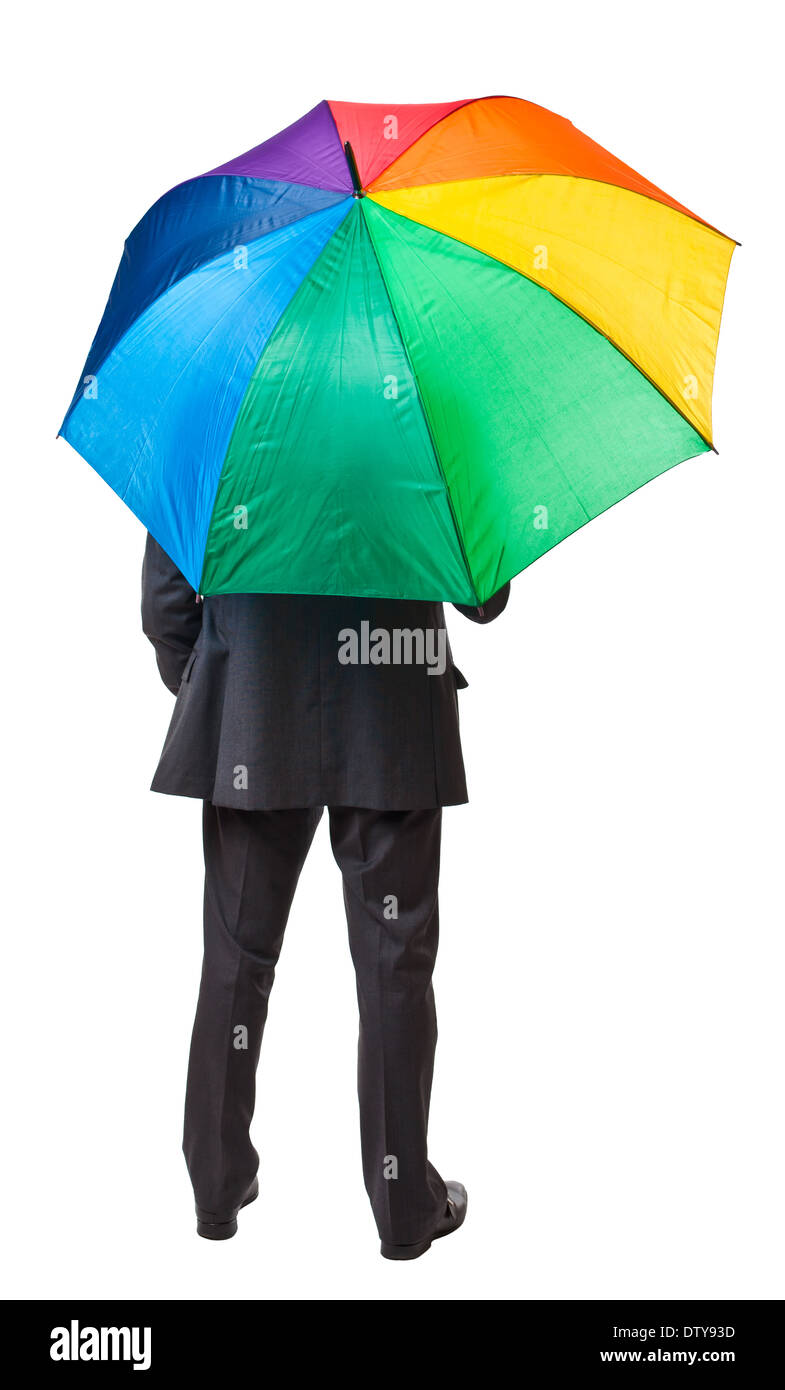 Imprenditore con ombrello coloratissimo vista posteriore Foto Stock