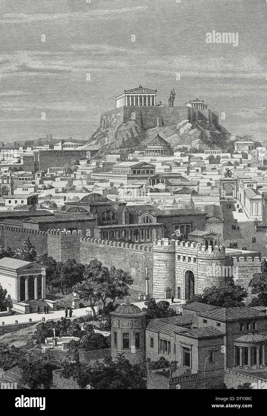 La Grecia. Atene. 1 ° secolo AC. Città da est, nel tempo di Adriano. Incisione di J. Buhlmann, 1886. Foto Stock