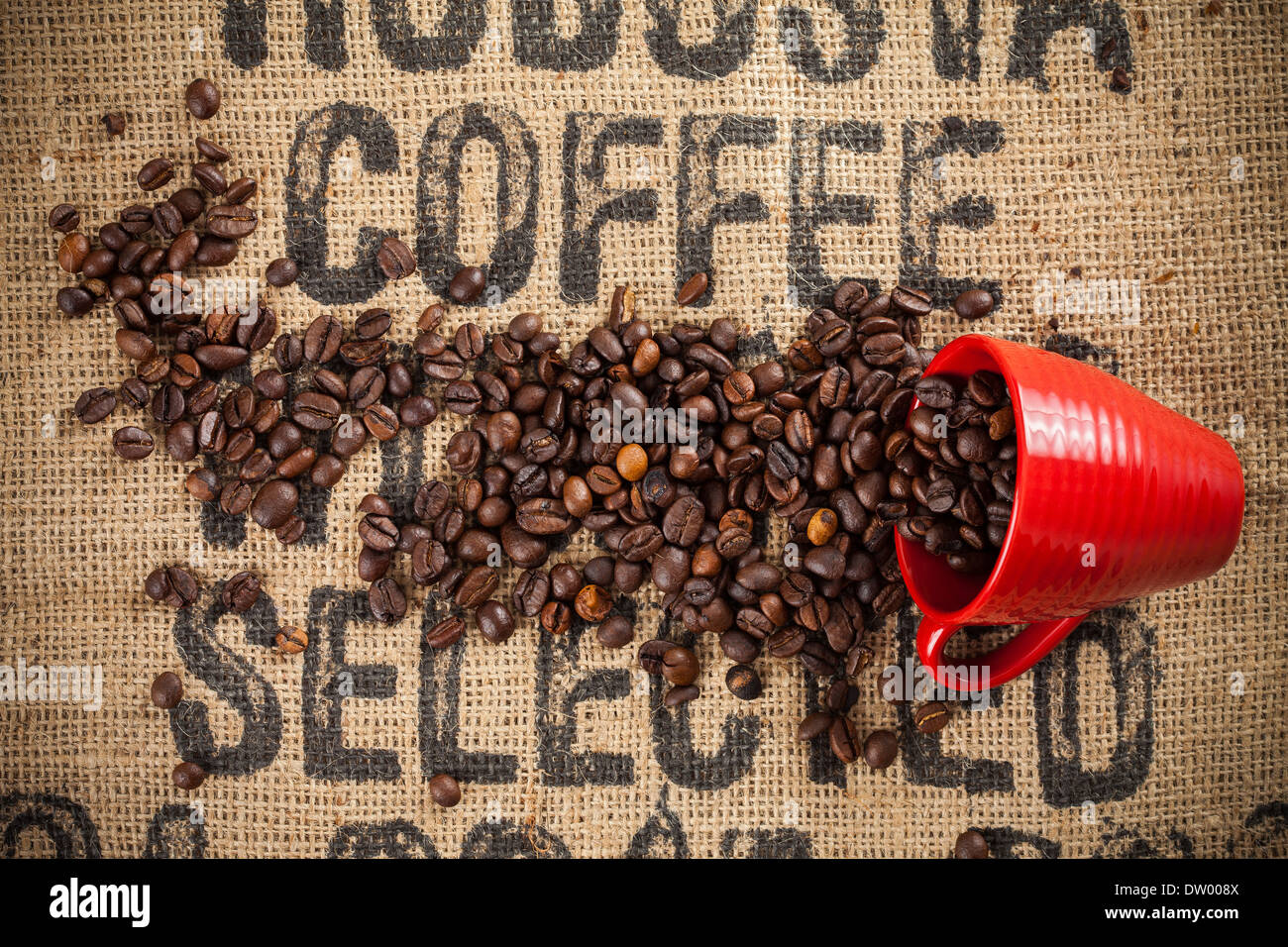 Schizzi di caffè in grani e rosso tazza di caffè, l'iscrizione. Foto Stock