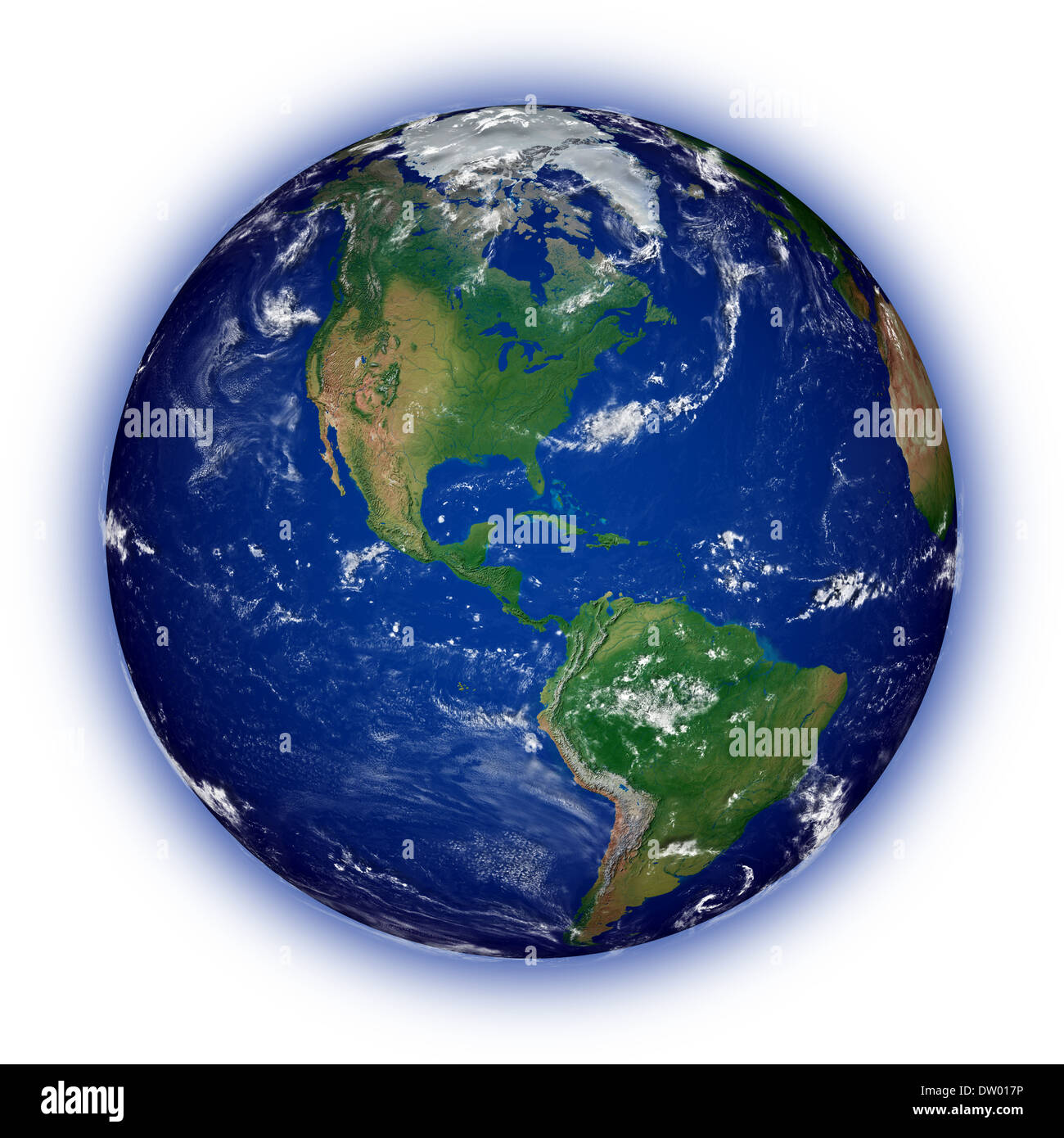 Il continente americano sul pianeta blu messa a terra isolata su sfondo bianco. Altamente dettagliate pianeta superficie. Gli elementi di questa immagine fornita dalla NASA. Foto Stock