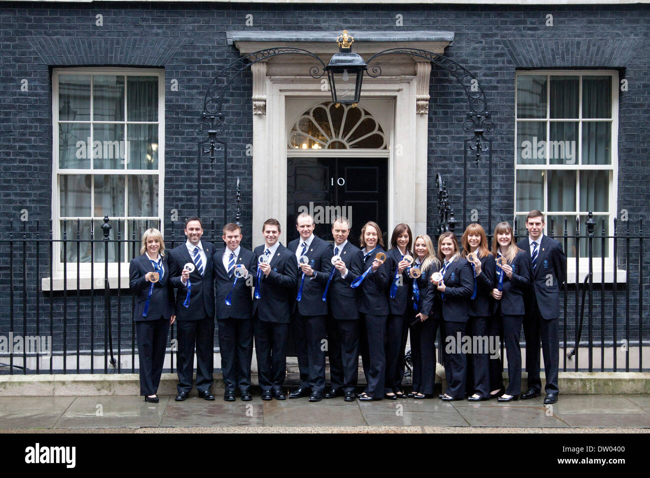 Westminster London, Regno Unito. Il 25 febbraio 2014. British atleti olimpici e medalists dal 2014 Giochi Olimpici Invernali a Sochi sono onorati in un ricevimento offerto dal Primo Ministro David Cameron a 10 Downing Street Credit: amer ghazzal/Alamy Live News Foto Stock