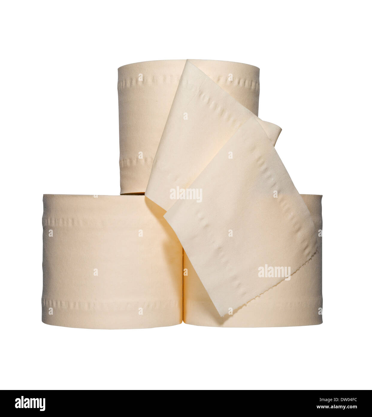 Tre rotoli di carta igienica tagliati su sfondo bianco Foto Stock