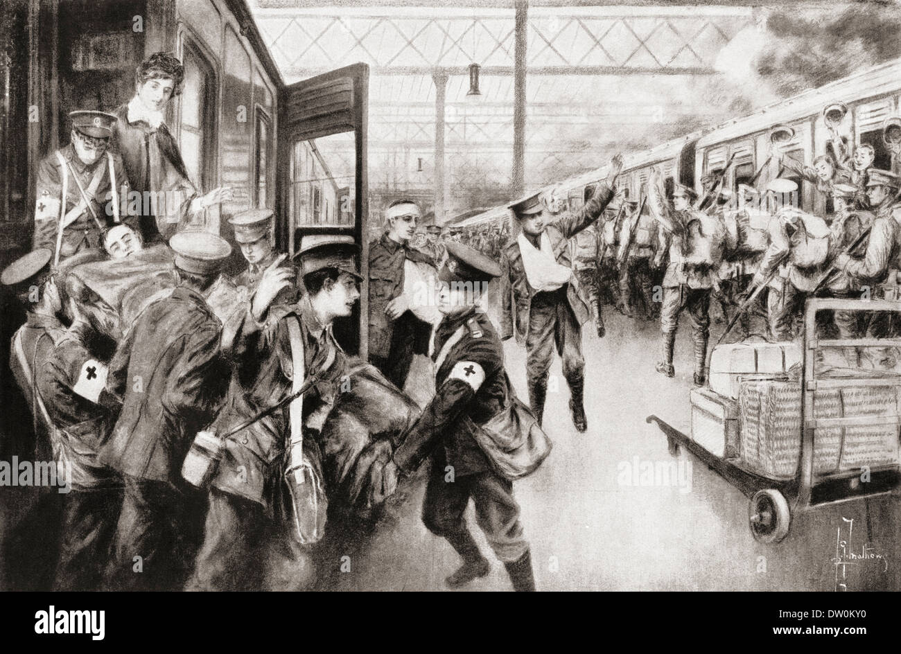I soldati feriti durante la prima guerra mondiale Arrivando alla Stazione Waterloo di Londra, Inghilterra Foto Stock
