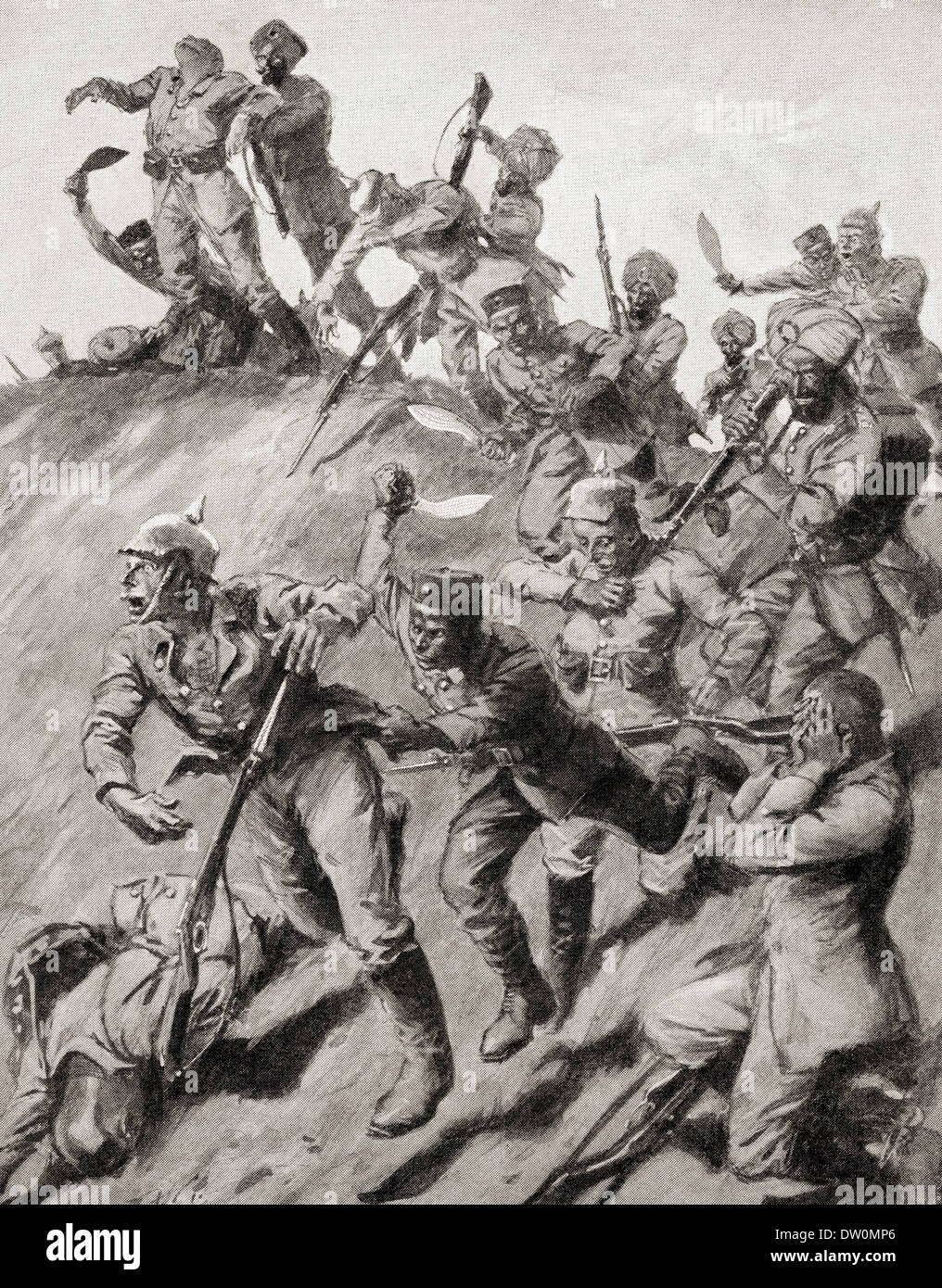 I sikh e Gurkhas combattendo i tedeschi vicino a Lille, Francia durante la prima guerra mondiale. Dalla Guerra di un album illustrato Deluxe, pubblicato 1915. Foto Stock