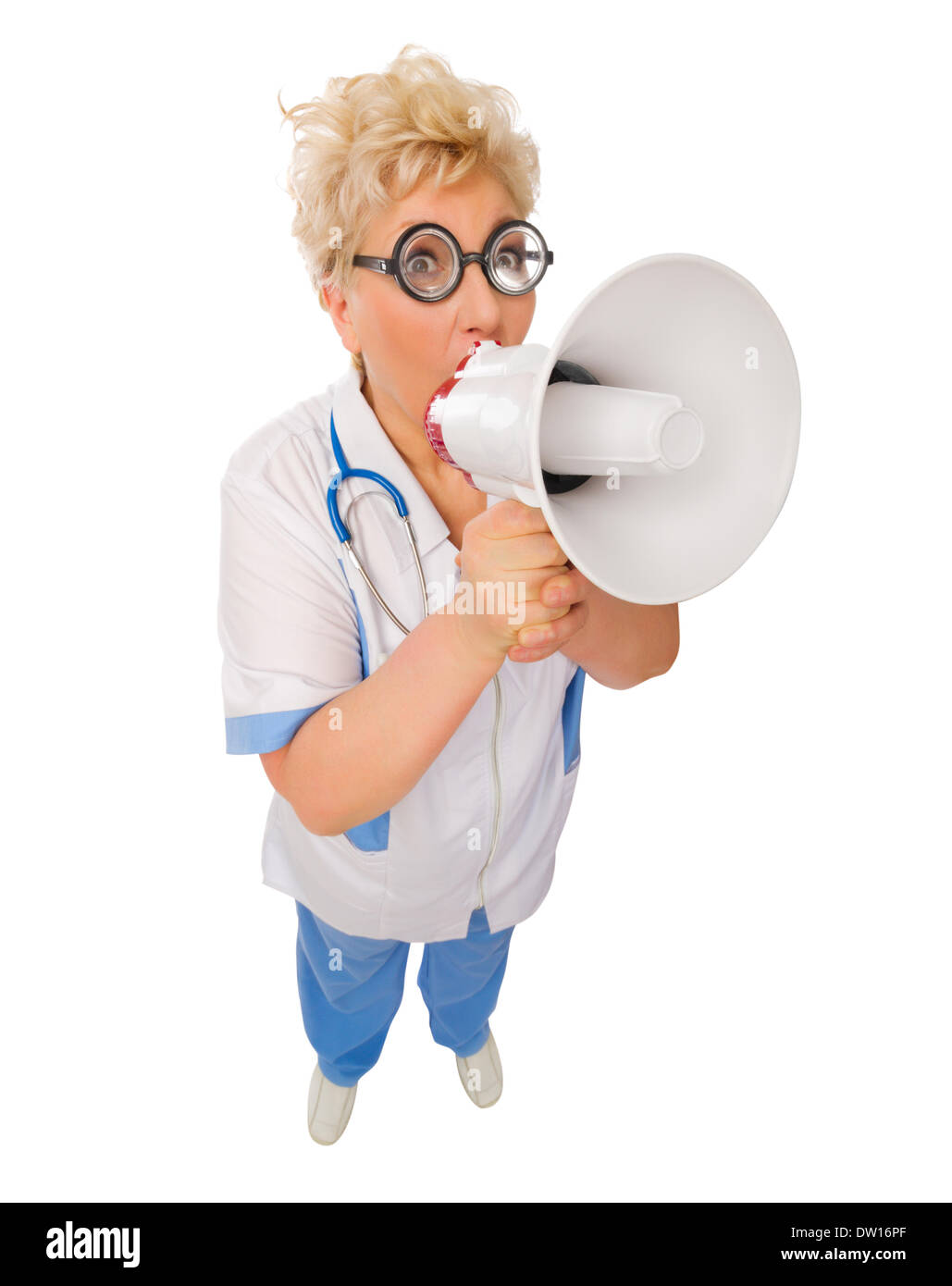 Coppia divertente medico con megafono isolato Foto Stock