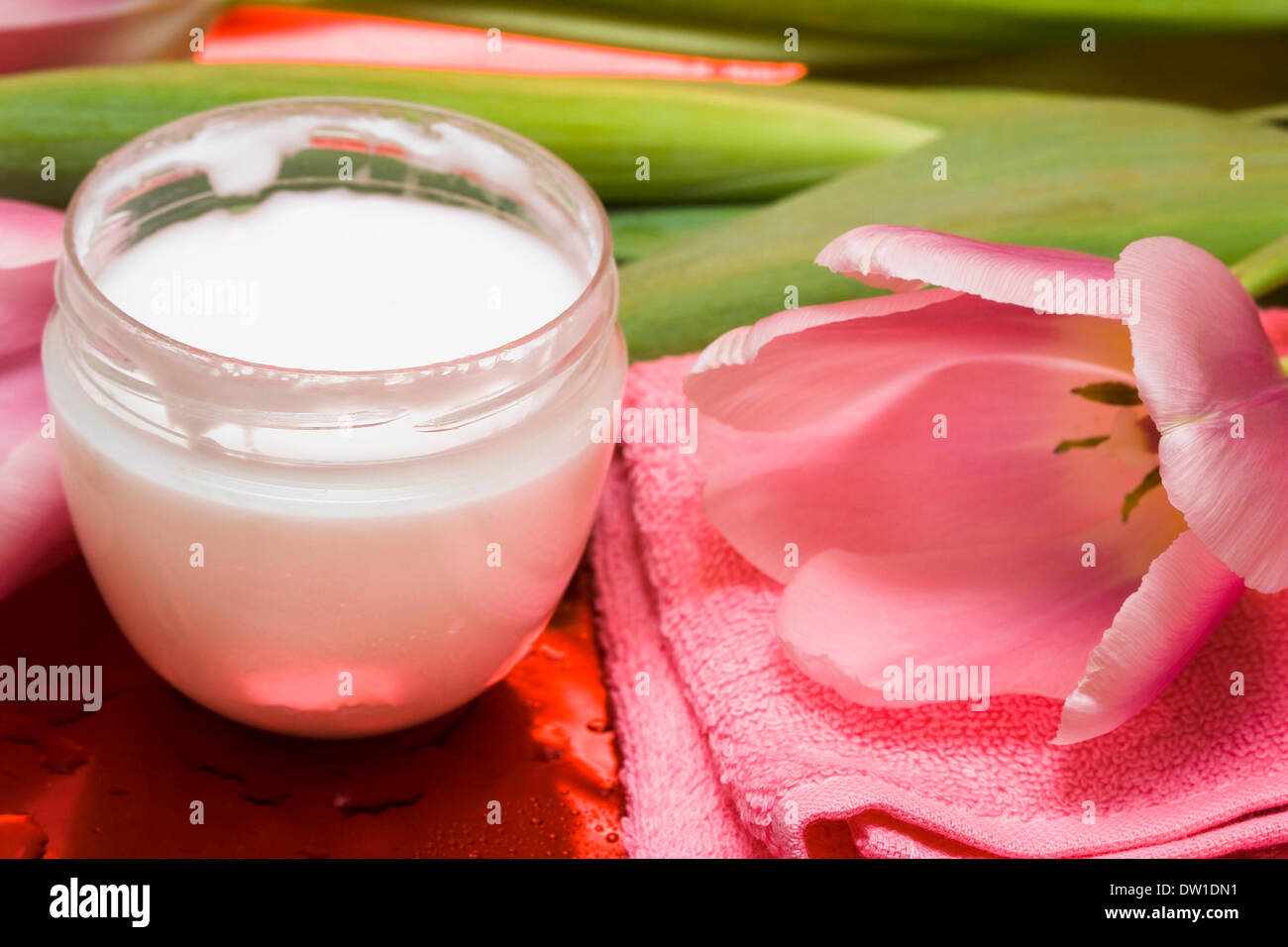 Crema, asciugamano con fiori su sfondo rosso Foto Stock