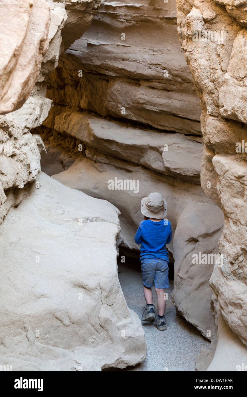 5 anno vecchio ragazzo escursionismo in uno slot canyon in Anza Borrego Desert State Park, California Foto Stock
