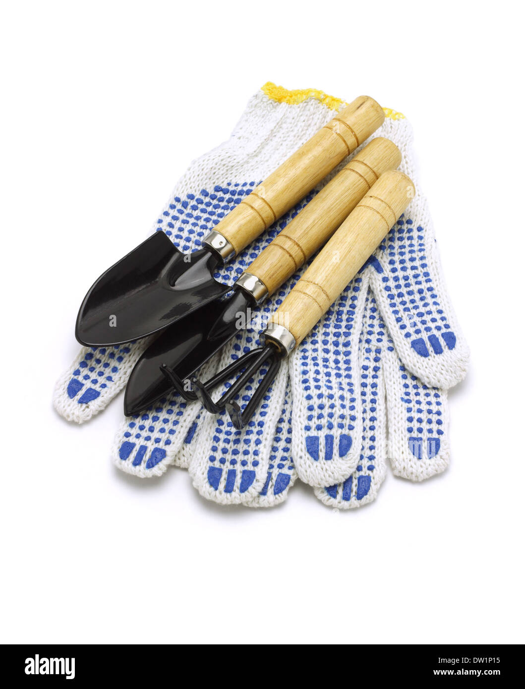 Utensili da giardinaggio e guanti di cotone su sfondo bianco Foto Stock