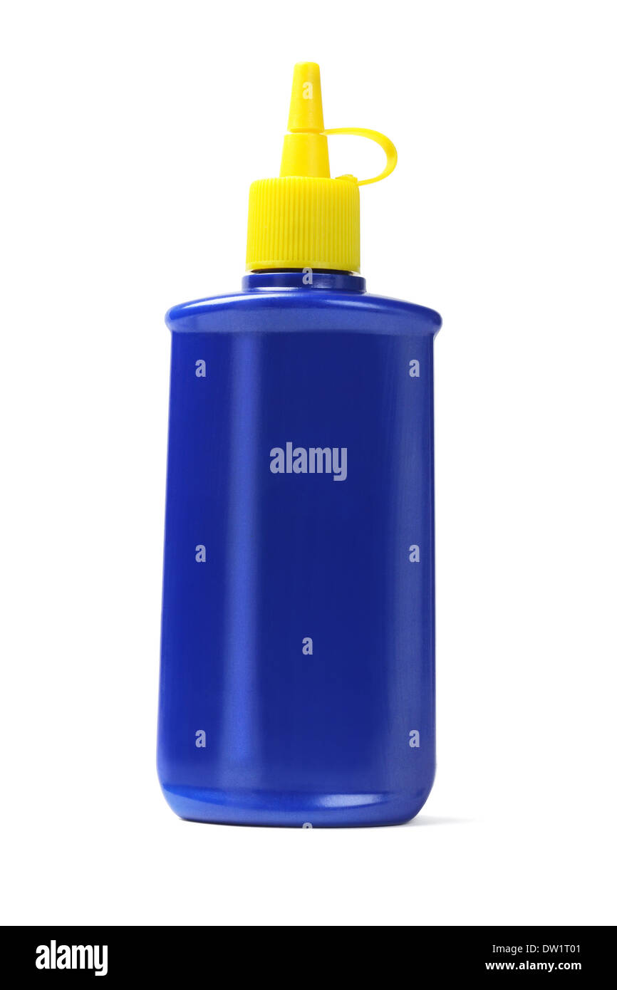 Plastica blu bottiglia di olio su sfondo bianco Foto Stock