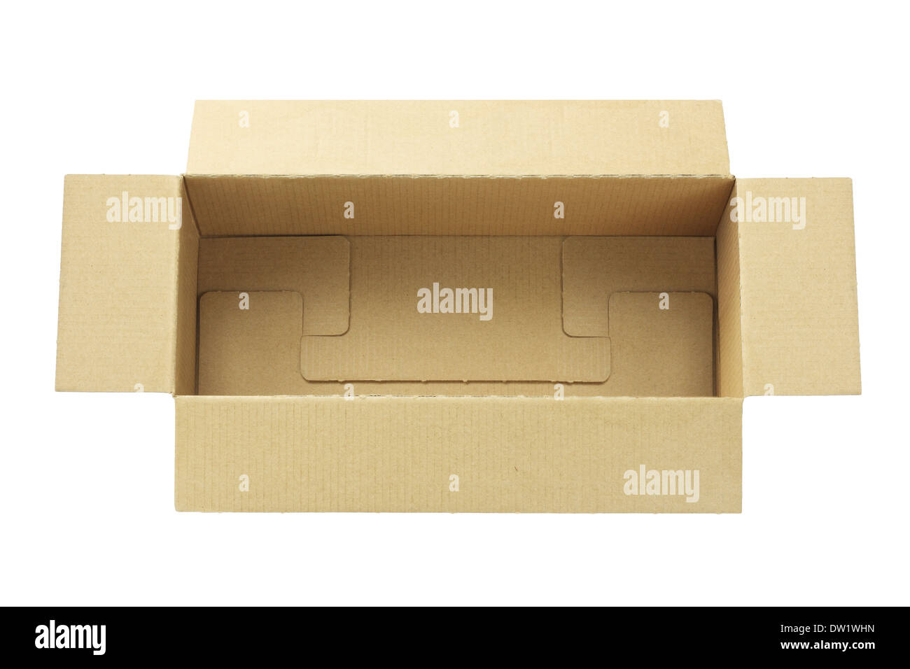 Vista in elevazione di una scatola rettangolare aperta su sfondo bianco Foto Stock