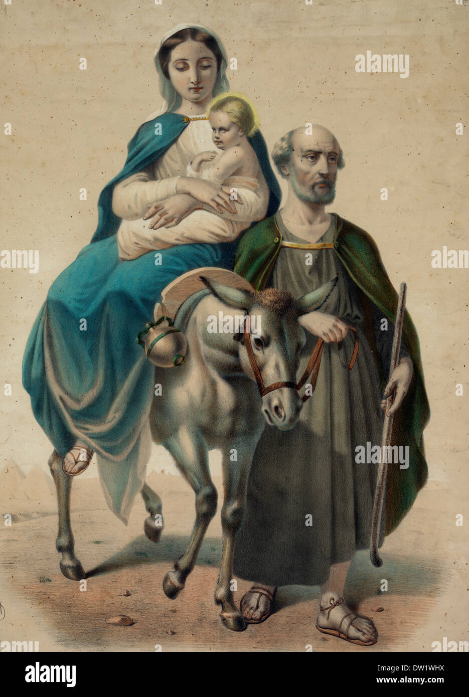 La fuga in Egitto - San Giuseppe, San Maria e Gesù in fuga in Egitto per sfuggire il re Erode Foto Stock