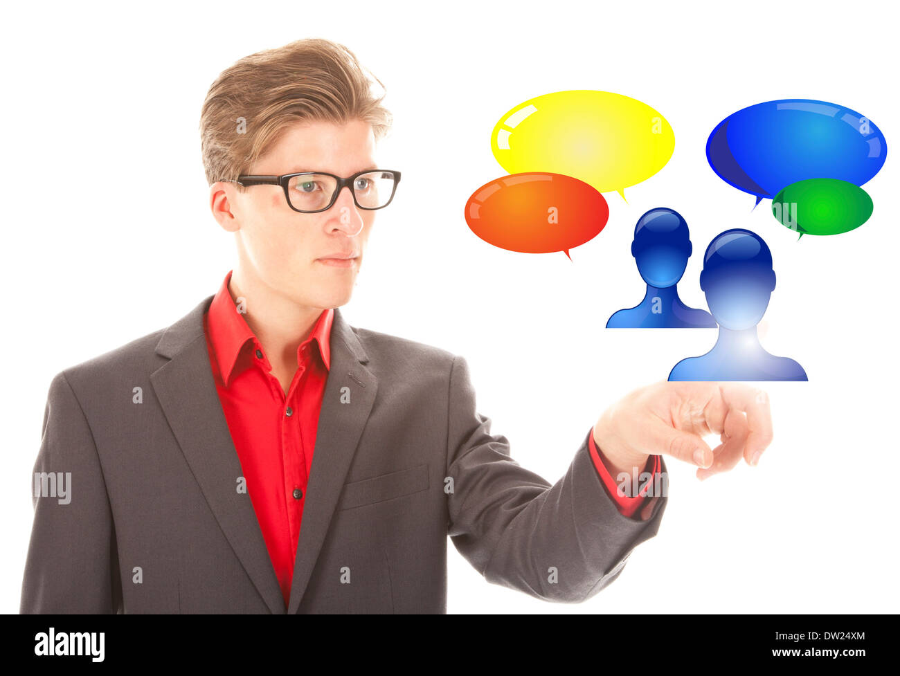 Giovane uomo selezionando amici virtuali isolate su sfondo bianco Foto Stock