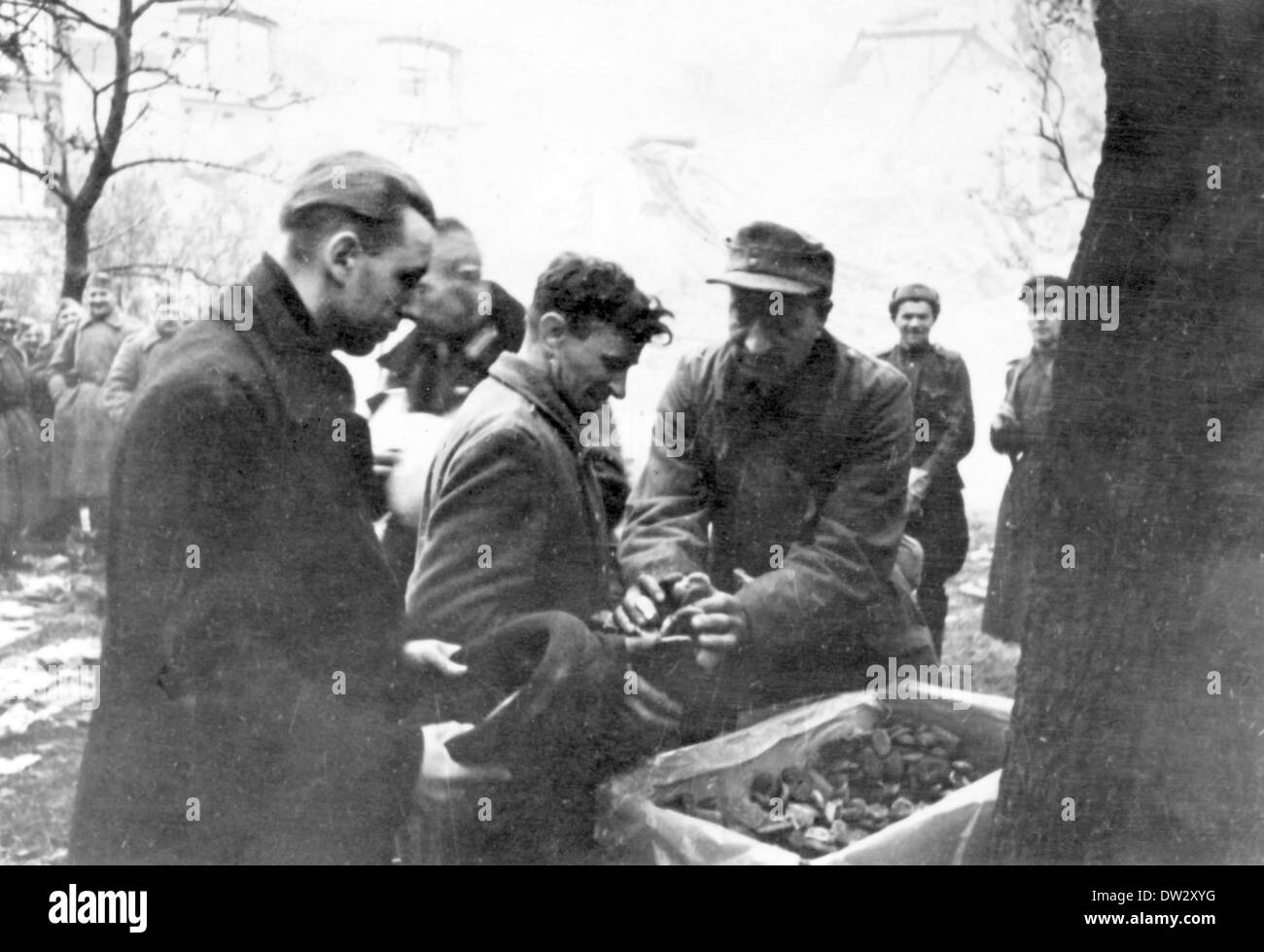 Fine della guerra a Berlino 1945 - i soldati sovietici dispensano cibo alle persone affamate a Berlino, Germania, 1945 maggio. Fotoarchiv für Zeitgeschichte - SENZA FILI Foto Stock