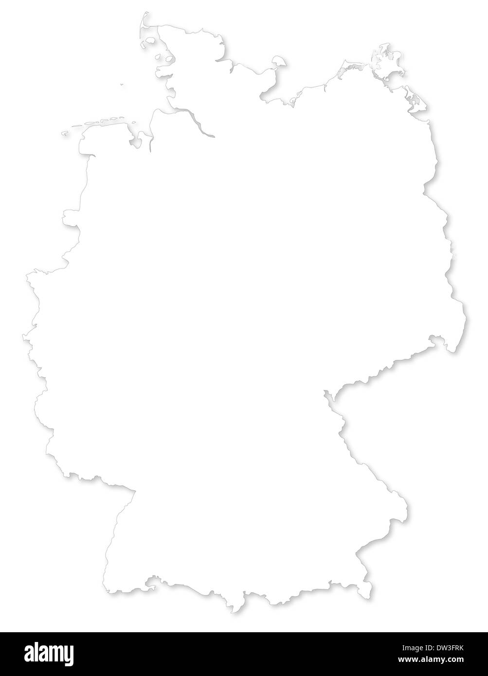 Mappa di Germania su sfondo bianco con ombra. Una piccola scala mappa di contorno di Germania proiettata in WGS 84 Mondo Mercator Foto Stock
