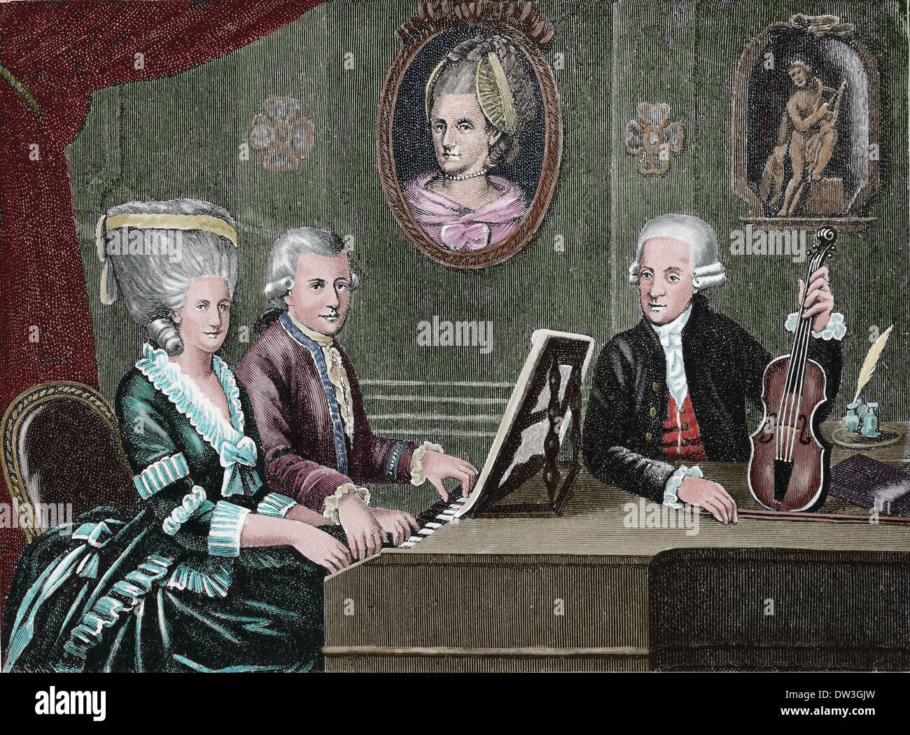 Wolfgang Amadeus Mozart (1756-1791). Il compositore di epoca classica. Mozart e la sua famiglia. Incisione colorata. Foto Stock