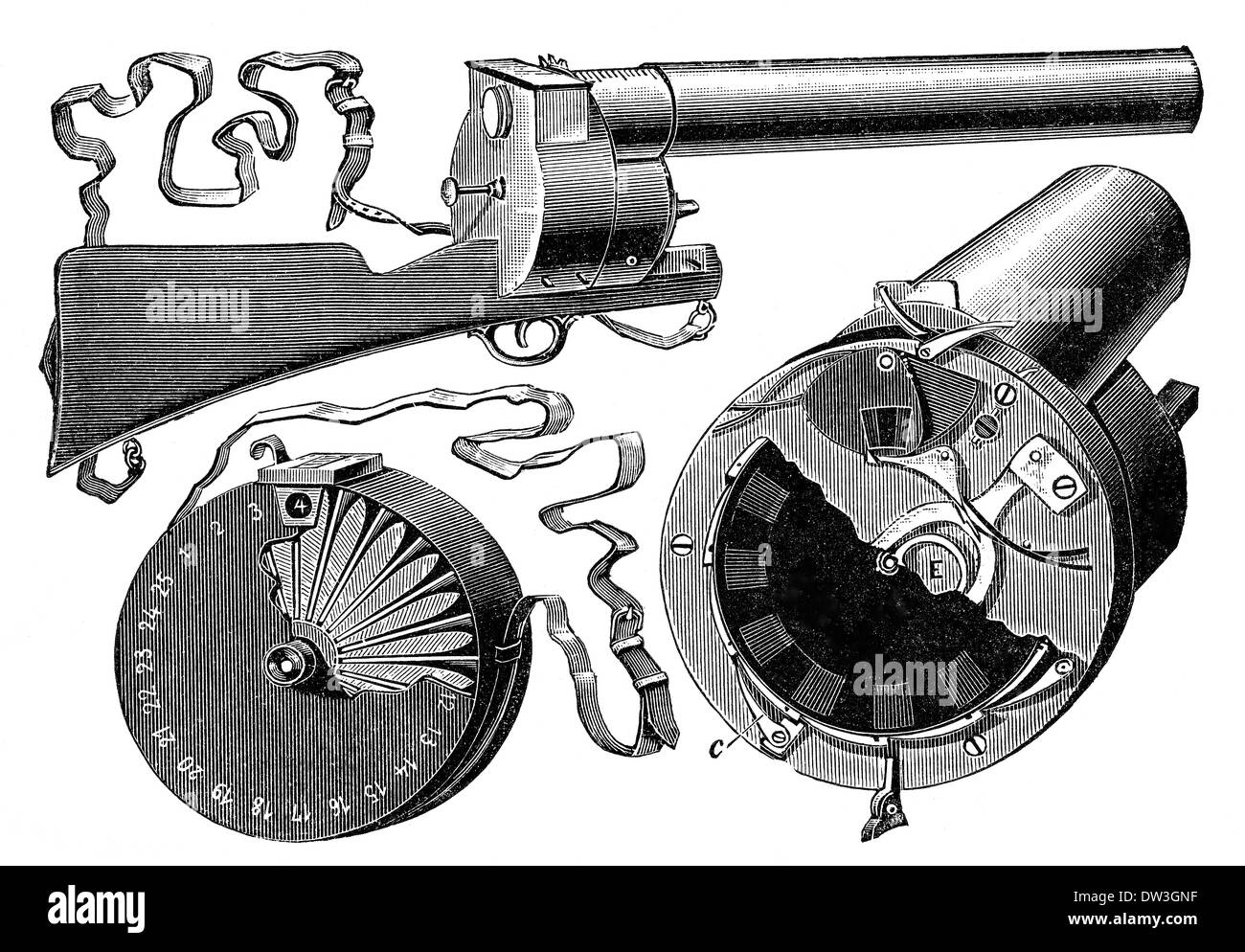 Pistola chronophotographic, 1883, da Marey Étienne-Jules, uno scienziato francese, fisiologo e chronophotographer, Foto Stock