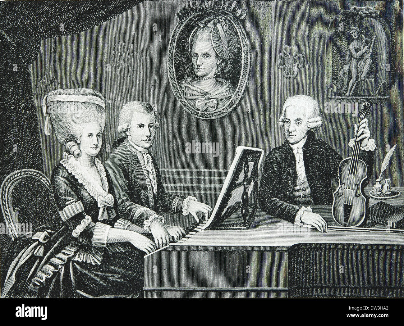 Wolfgang Amadeus Mozart (1756-1791). Il compositore di epoca classica. Mozart e la sua famiglia. Incisione. Foto Stock