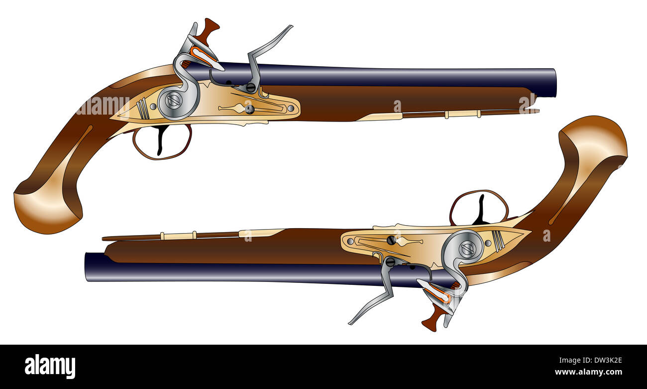 Una coppia di vecchio stile flintlock dueling pistols isolato su bianco. Foto Stock